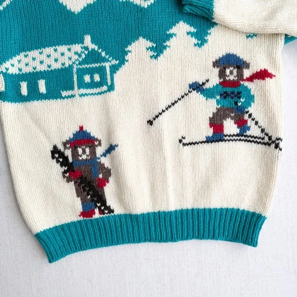 vtg Woolrich teal teddy bear skiing novelty wool sweater S - Picture 3 of 5